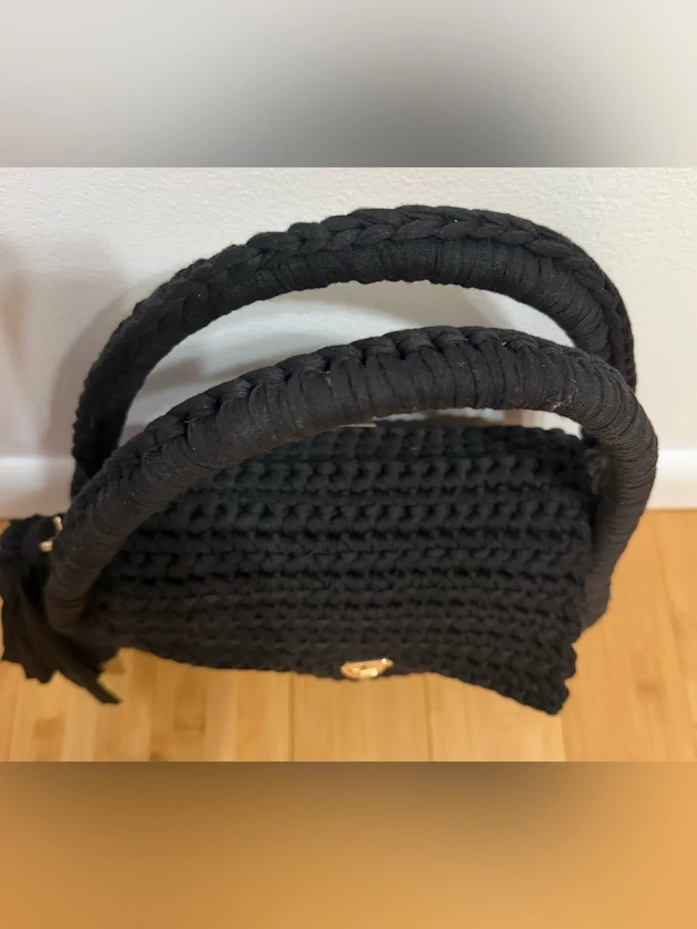 New Handmade Black Crochet Women's Purse Bag Handle Handbag tassel clasp closure